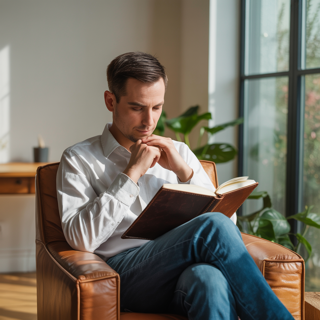 Homme travaillant sur son développement personnel avec un guide pratique